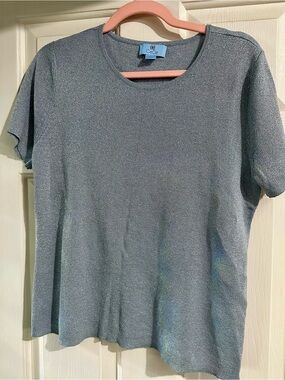 CeCe Light Blue Metallic Knit Short Sleeve Top